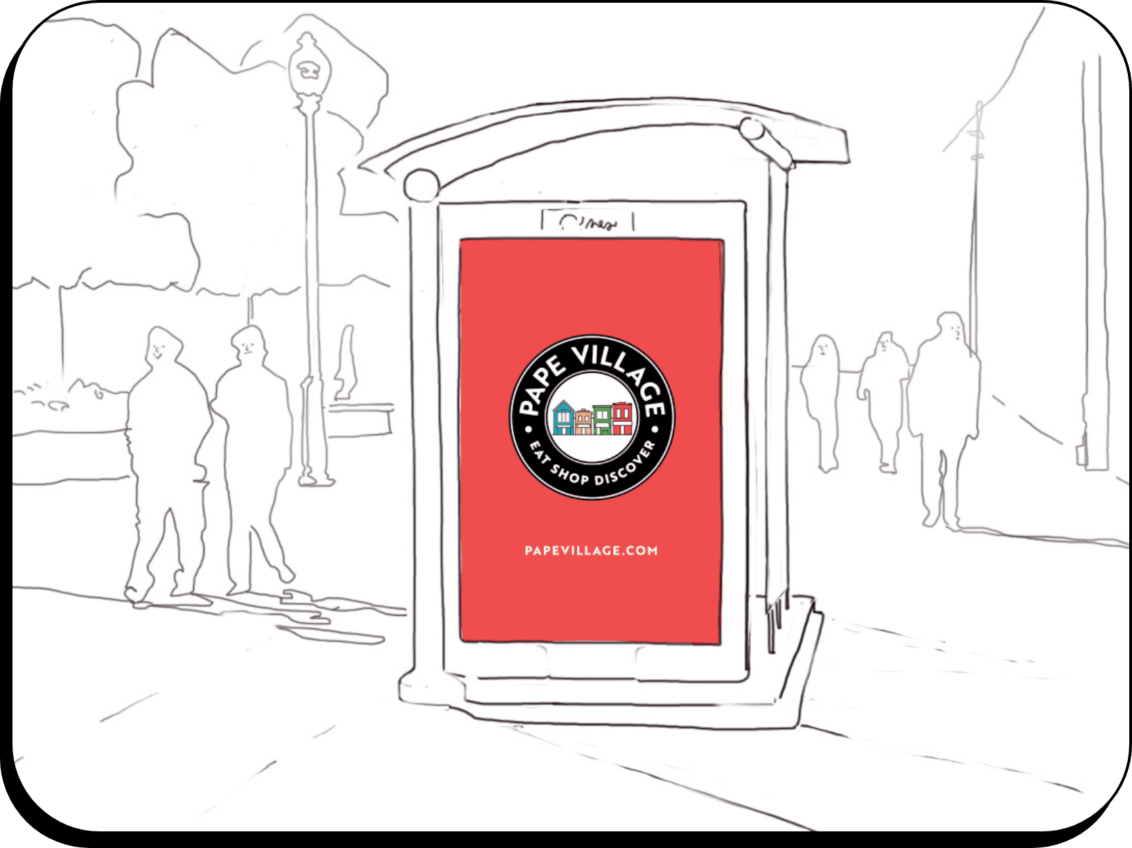 Graphic of a bus shelter showcasing the Pape Village logo as a representational image of Logo and Branding Services.