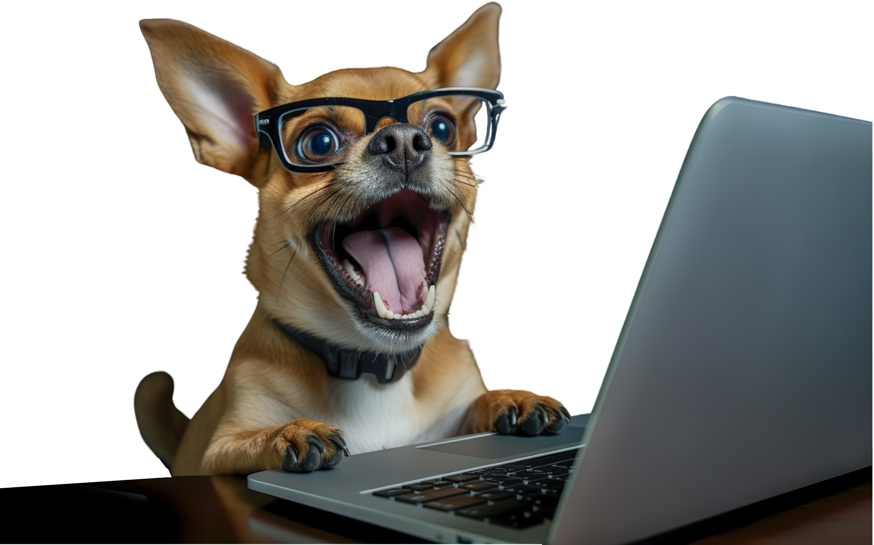Dog on a computer smiling