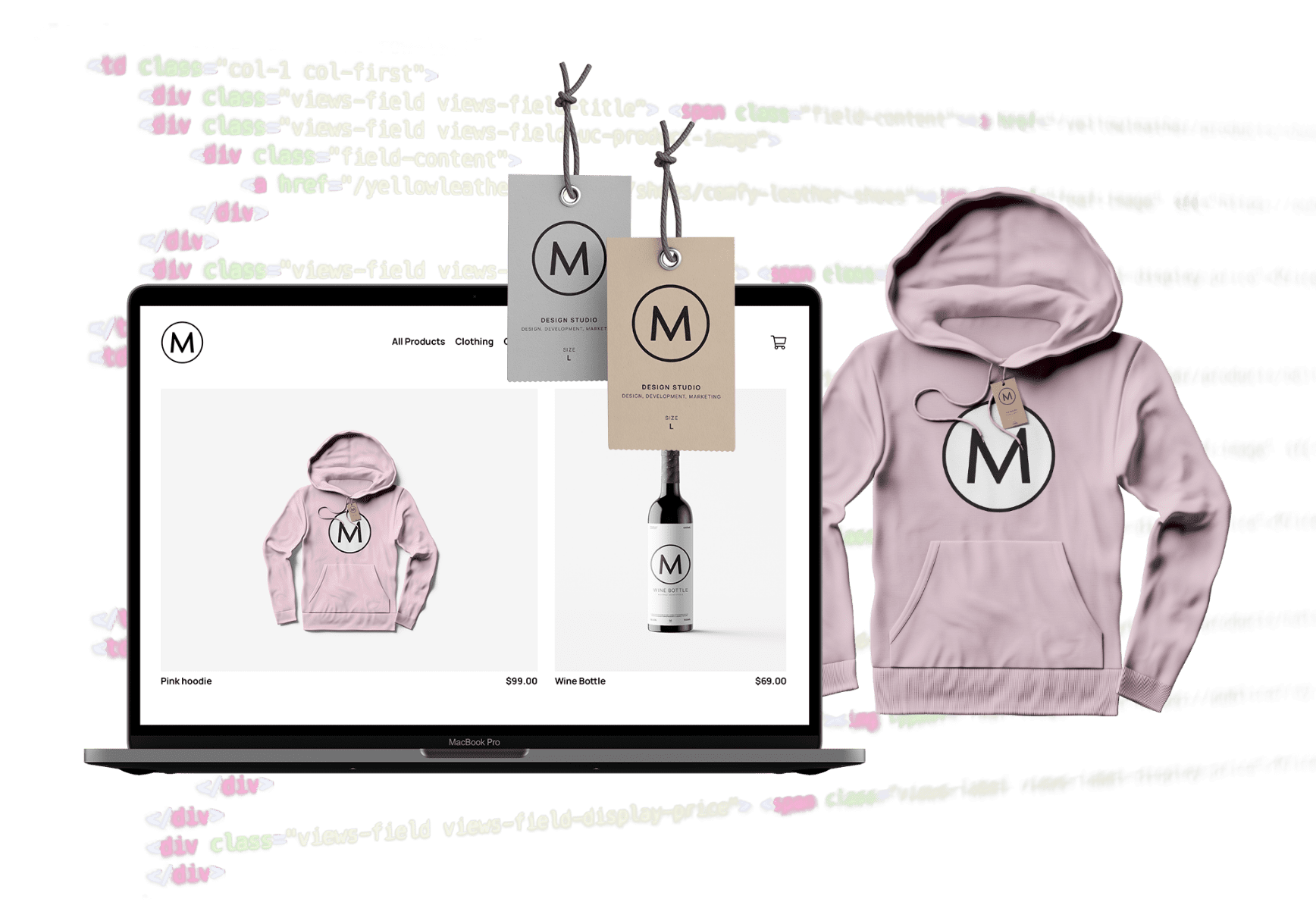 Graphic of computer code in the background with a laptop showing an ecommerce website in the foreground along with branded clothing tags and a pink hoodie.